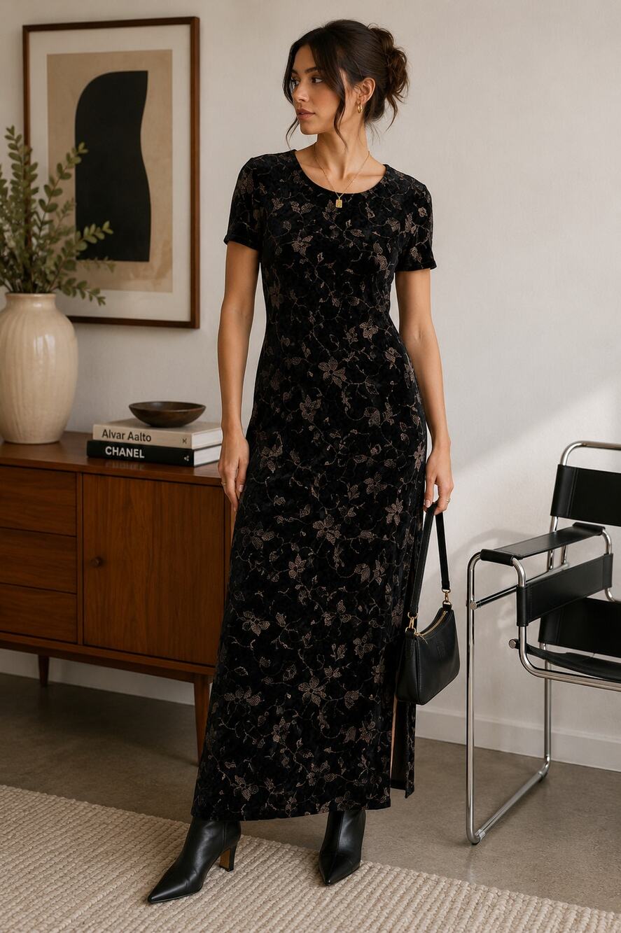 Vintage 90s No Boundaries Black Velvet Floral Maxi Dress Size L Grunge ✨
